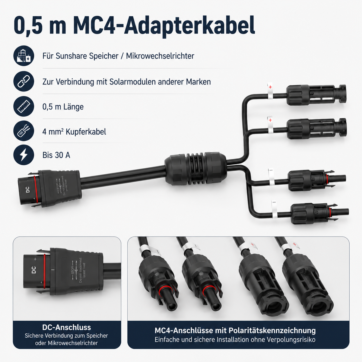 0,5 m MC4-Adapterkabel für Sunshare Speicher und Mikrowechselrichter – für Solarmodule anderer Marken