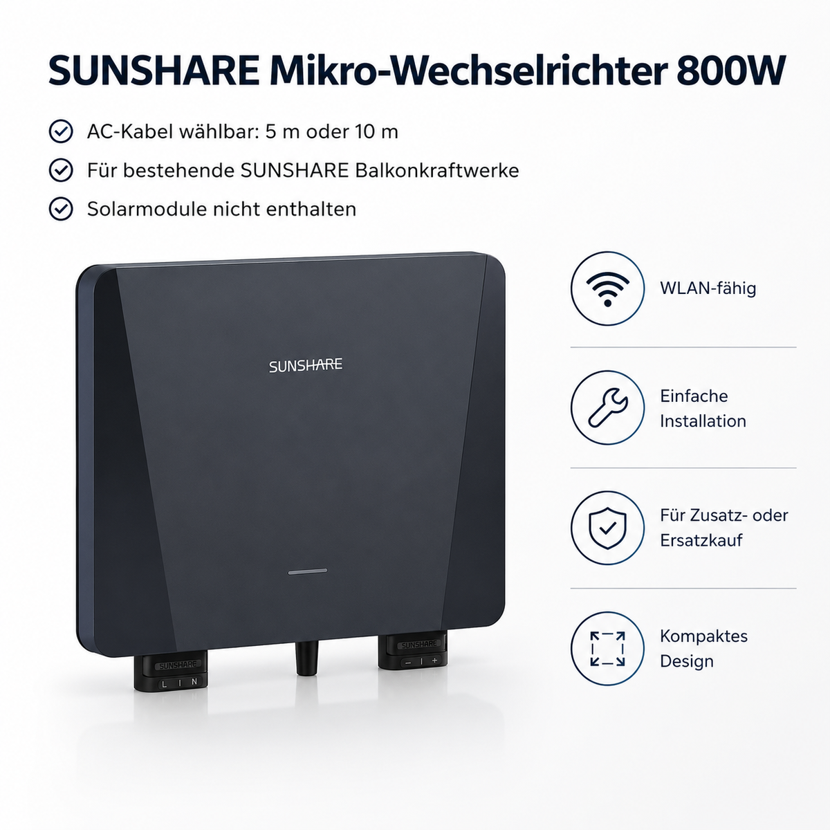 SUNSHARE Mikro-Wechselrichter 800W mit AC-Kabel 5 m oder 10 m