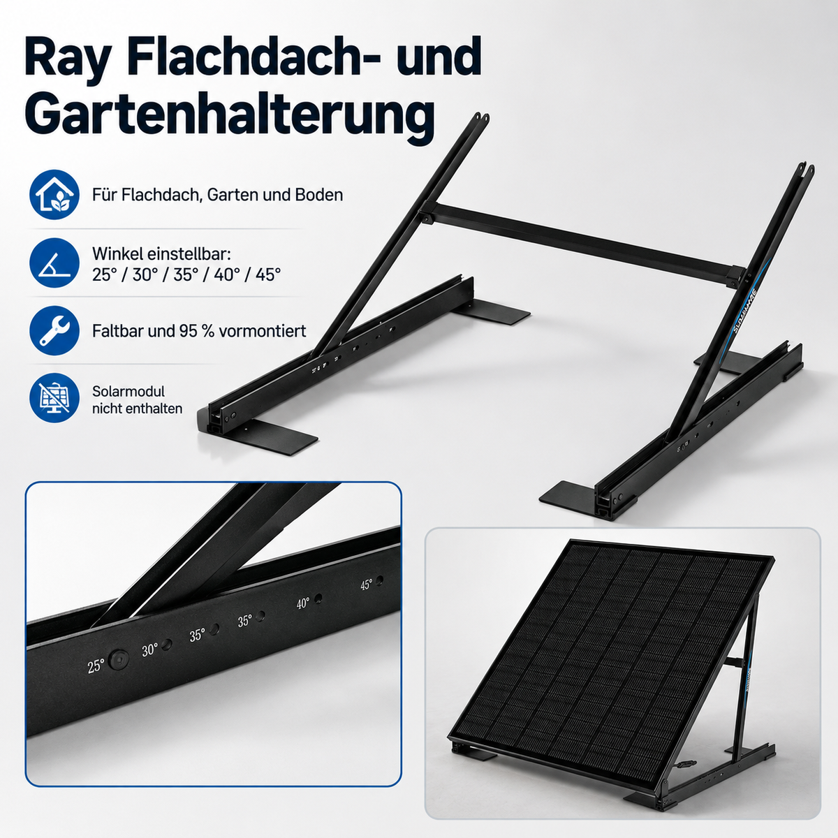 Ray Flachdach- und Gartenhalterung für Solarmodule – Winkel einstellbar