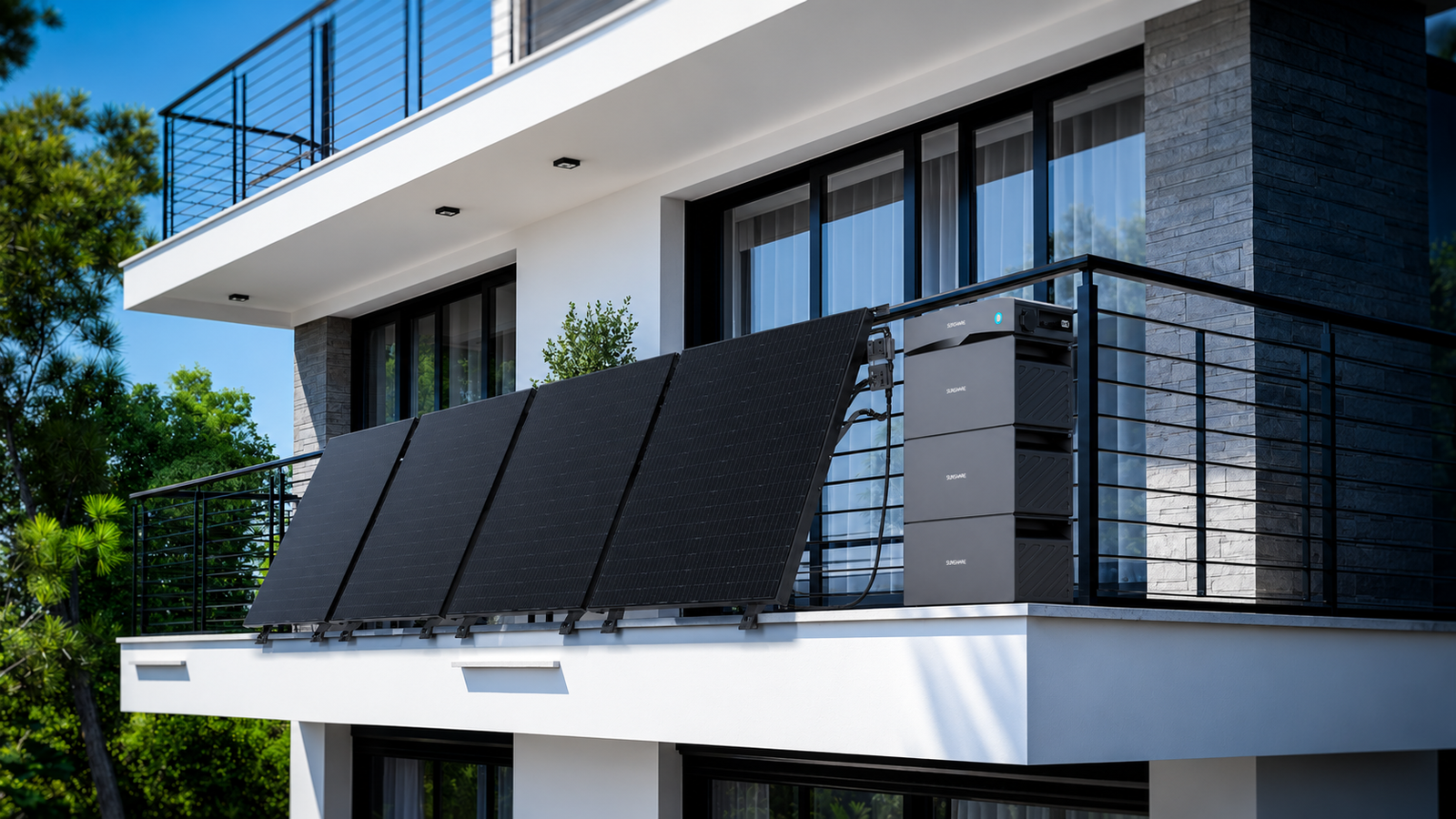 Vier Sunshare Solarmodule und ein Glory Stromspeicher auf einem modernen Balkon in Deutschland