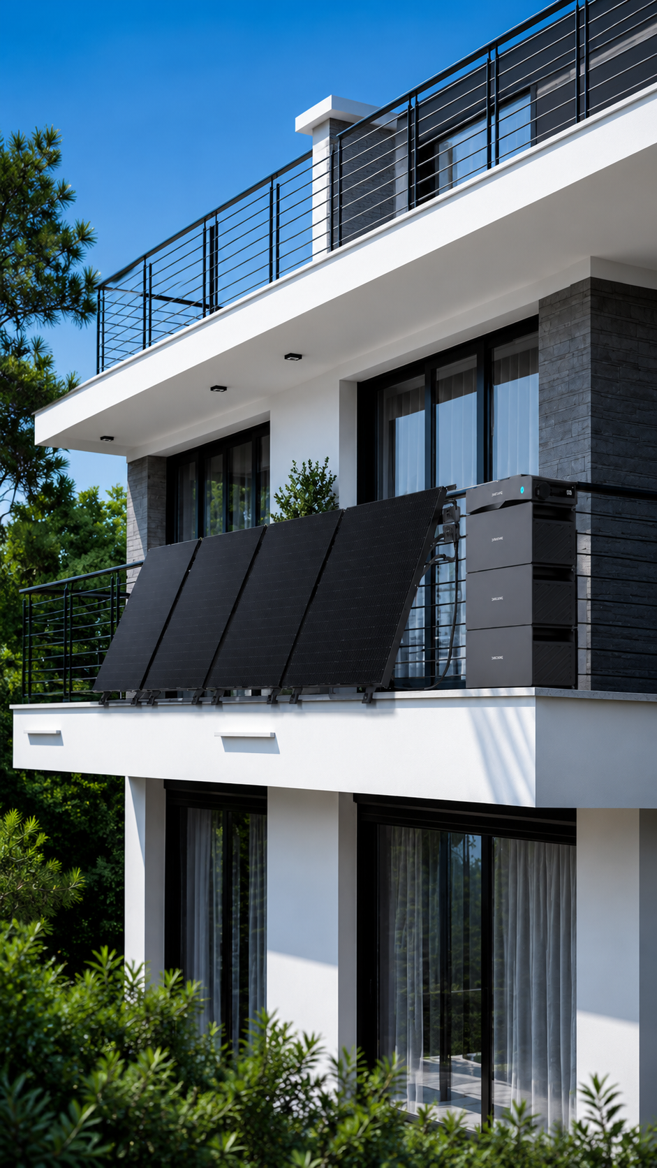 Vier Sunshare Solarmodule und ein Glory Stromspeicher auf einem modernen Balkon in Deutschland