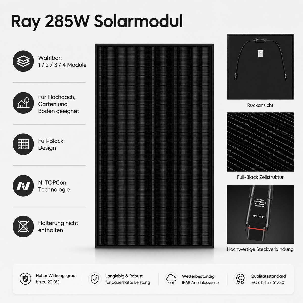 Ray 285W Solarmodul – für Flachdach, Garten und Boden geeignet