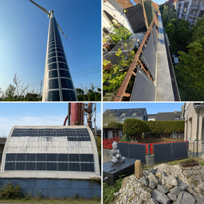 Anwendungsbeispiele für flexible SERAPP Solarmodule an Windkraftanlage, Balkon, gewölbter Dachfläche und im Garten