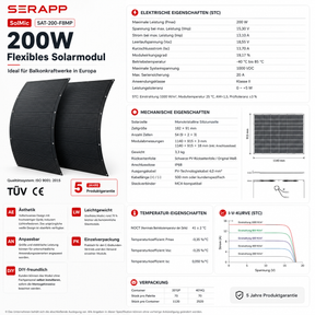 Technische Daten des SERAPP SolMic 200 W flexiblen Solarmoduls mit 19,17 % Wirkungsgrad, 3,3 kg Gewicht und 5 Jahren Produktgarantie